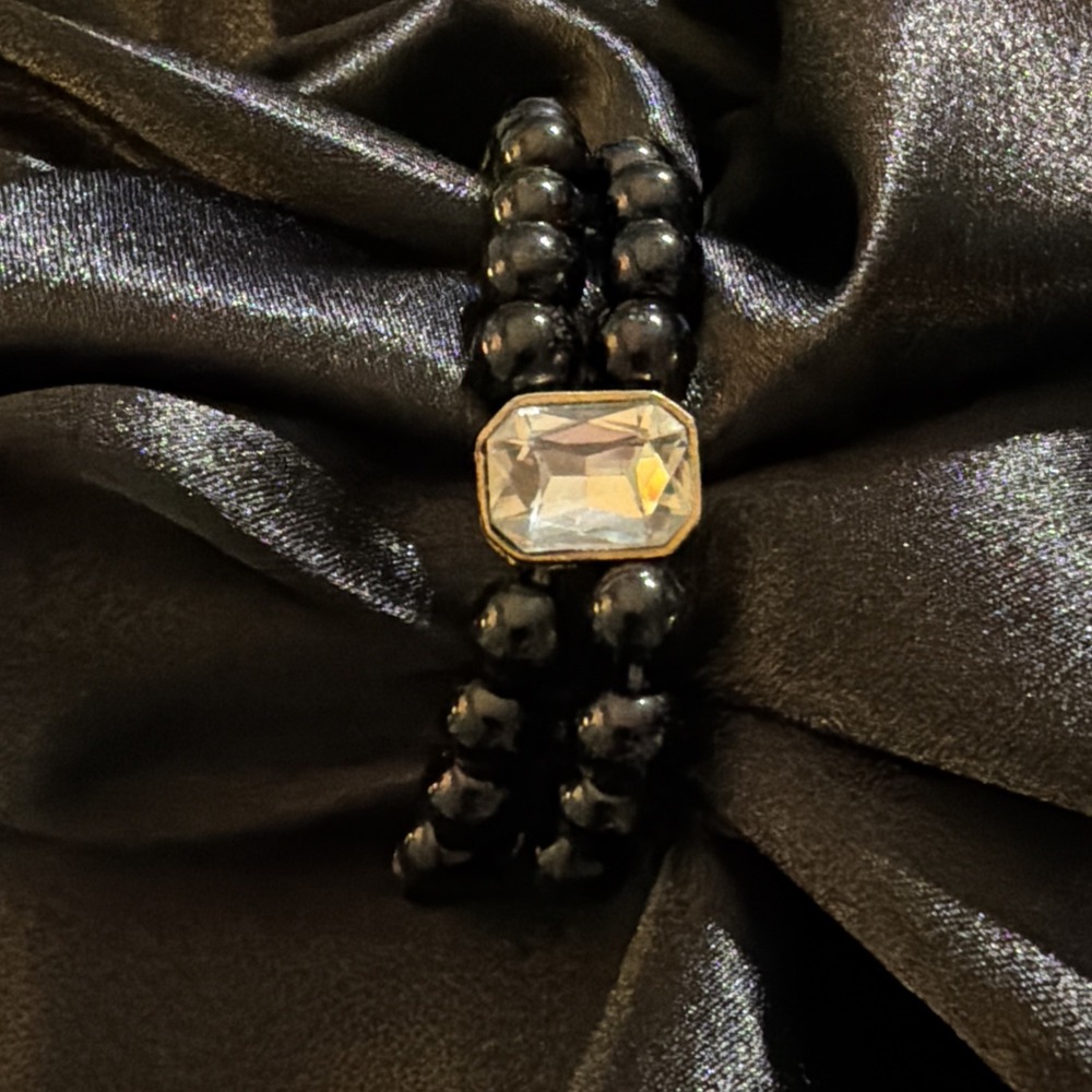 Vintage Black Glass Bead Double Strand Emerald Cut Glass Gold Filigree Bracelet